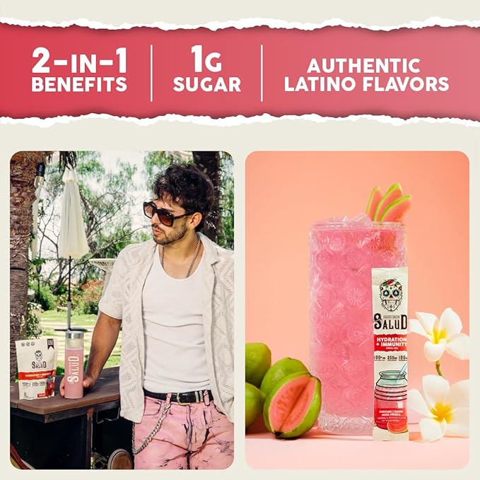 Salud 2-in-1 Hydration Packets + Immunity Electrolytes Powder, Guava - Guayaba Agua Fresca Drink Mix, Elderberry, Dairy & Soy Free, Non-GMO, Gluten Free, Vegan, Low Calorie, 1g Sugar (15 Servings)