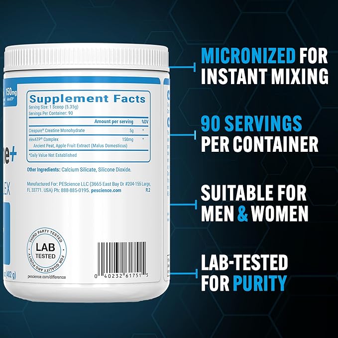 PEScience TruCreatine+ Creapure Creatine Monohydrate Powder, Micronized Creatine with ElevATP, 5g Per Serving, for Men & Women, Supports Muscle Growth, Strength & Recovery, 90 Servings