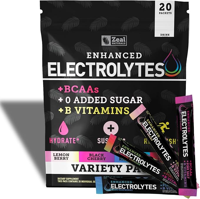 Enhanced Electrolyte Powder Stick Packs (Variety Pack - 20 Packets) w 0 Sugar +BCAAs +B-Vitamins Electrolyte Supplement w Potassium Zinc & Magnesium for Hydration - Keto Electrolytes