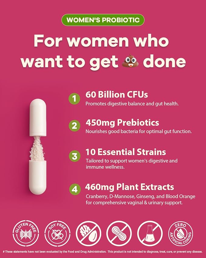 Probiotics for Women Digestive Health - 60 Billion Vaginal Probiotic & Organic Prebiotics with Cranberry Extract & D-Mannose for Gut, Digestive, Urinary, Immune Healthไธจ90 Veggie Caps