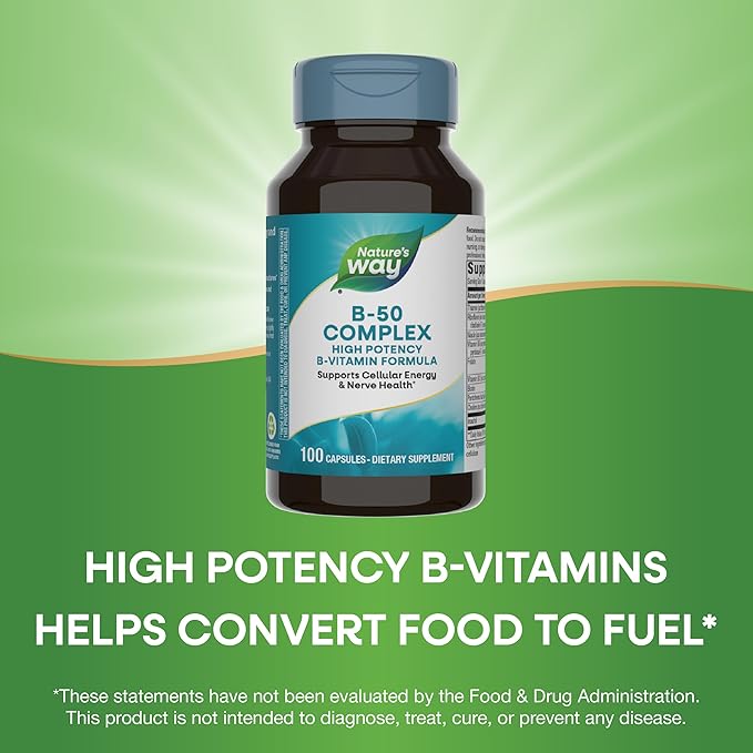 Nature's Way B-50 Complex, Supports Cellular Energy & Nerve Health*, 8 B-Vitamins, With Folic Acid, Biotin, Niacin & More, Gluten Free, 100 Capsules (Packaging May Vary)