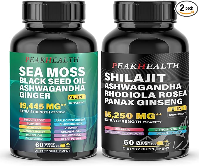 Shilajit + Sea Moss Capsules Bundle – 2 Bottle Combo with Ashwagandha, Panax Ginseng, Rhodiola & Black Seed Oil – 19,445mg Herbal Formula – Energy & Immune Support – 60 Capsules Each,Easy to Swallow