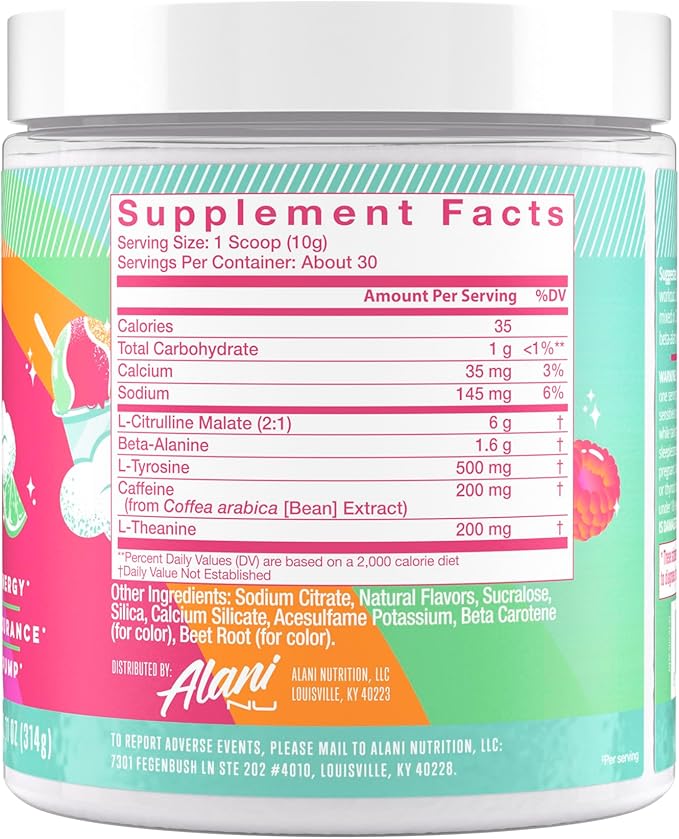 Alani Nu Pre Workout Powder Sherbet Swirl, Amino Energy Boost, Endurance Supplement, Sugar Free, 200mg Caffeine, L-Theanine, Beta-Alanine, L-Citrulline, 30 Servings