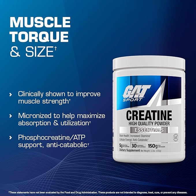 GAT SPORT Creatine Monohydrate Powder, 150 Grams, Strength, Brain Health, GLP1 Support Anti-oxidant, Endurance, for Men & Women, 1 Month Supply, Unflavored (30 Servings)