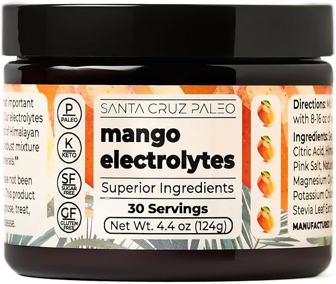 Santa Cruz Paleo Electrolyte Powder Mango with Himalayan & Sea Salt, Magnesium, Potassium, Sugar-Free, 30 Servings