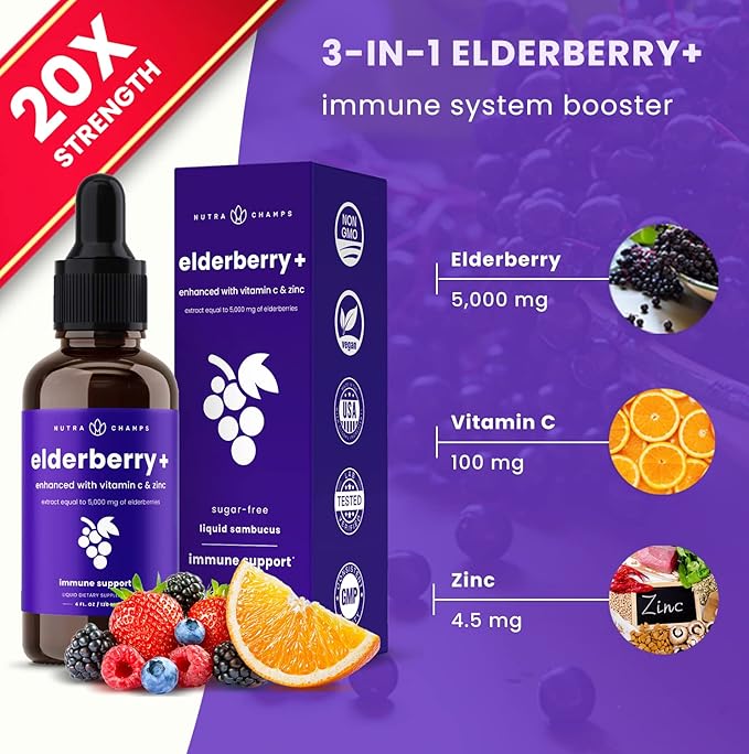 NutraChamps Organic Elderberry Syrup - 5000mg Elderberry Extract with Vitamin C & Zinc - Black Elderberry Liquid Drops - Sugar-Free Immunity Booster, Vegan, Gluten-Free Elderberry Supplement