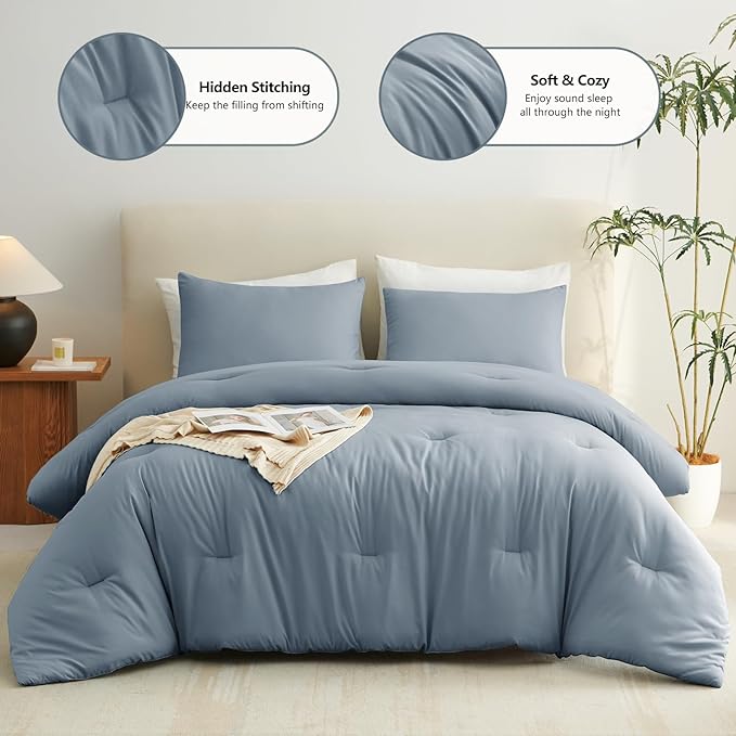 CozyLux Grayish Blue Comforter Set King Size, 3 Pieces Solid Breathable Quilted Boho Style Bedding Sets, Luxury Fluffy Soft Microfiber Comforter for All Season(1 Comforter & 2 Pillowcases)