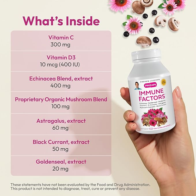 ANDREW LESSMAN Immune Factors 30 Capsules – Echinacea, Goldenseal, Vitamin C, Astragalus, Berberine, Mushroom Blend, Black Currant. Supports and Promotes Immune System and Natural Defenses