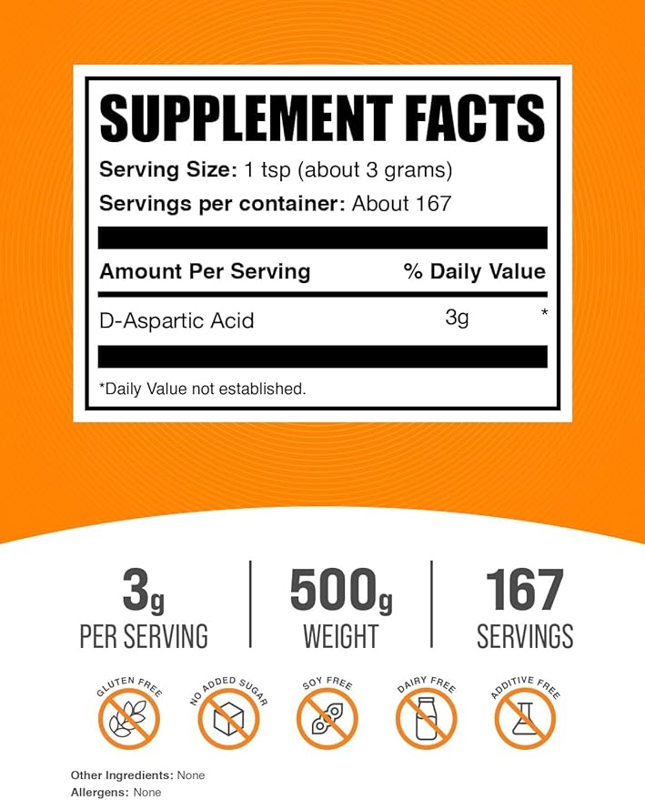 BulkSupplements.com D-Aspartic Acid Powder - D-Aspartic Acid Supplement for Men, Unflavored Amino Acid - Pure & Gluten Free, 3g per Serving, 500g (1.1 lbs) (Pack of 1)