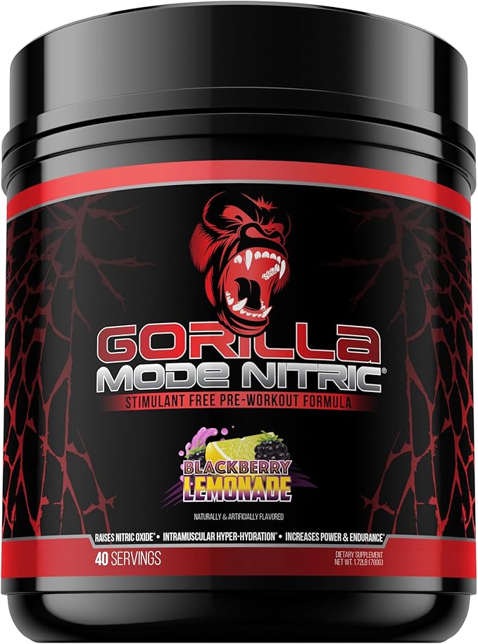 Gorilla Mode Nitric Upgraded Stimulant Free Pre-Workout – Best Tasting and Most Effective Stimulant Free Pre-Workout/Massive Pumps · Vasodilation · Power / 780 Grams (BlackBerry Lemonade)