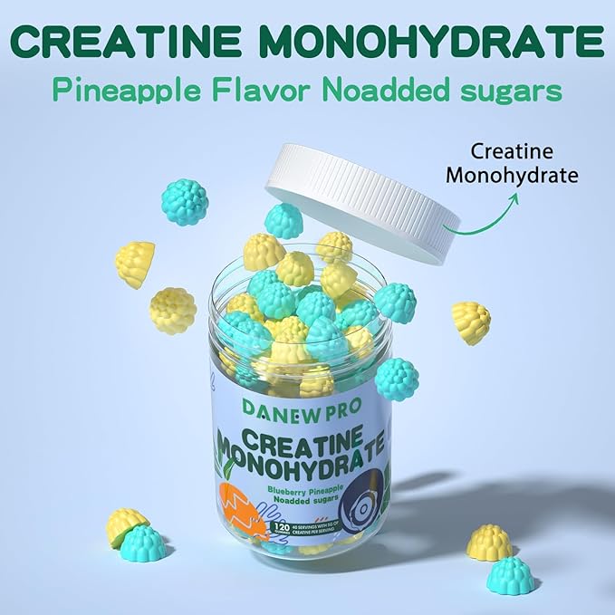 Creatine Monohydrate Gummies or Men & Women, Creatine Monohydrate for Muscle Strength, Muscle Builder, Energy Boost, Pre-Workout Supplement(120 Count)-Blueberry Pineapple Flavor.