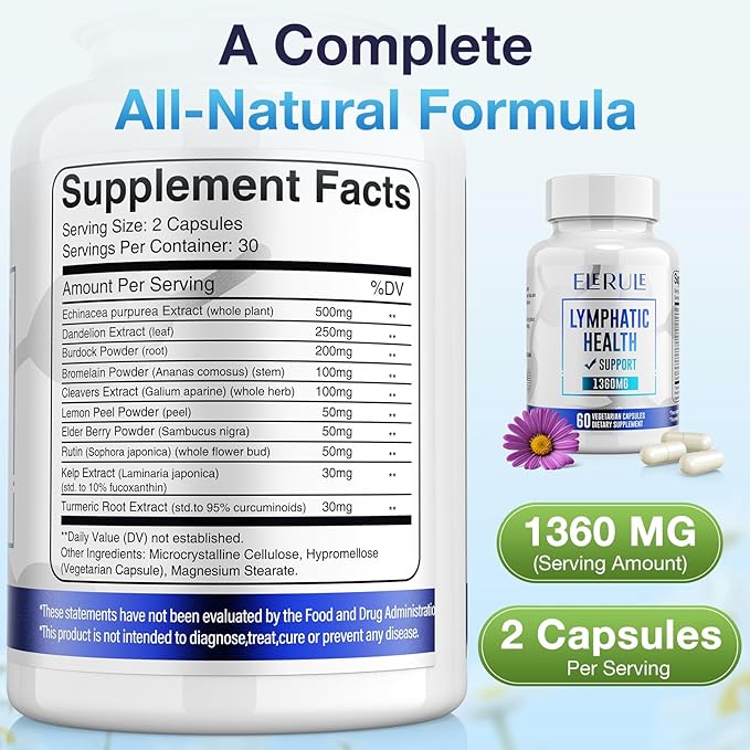 Lymphatic Support Supplement, Lymphatic Drainage Supplements with with Dandelion, Burdock, Echinacea, Lemon & More, Lymph System Support for Men and Women – 60 Capsules