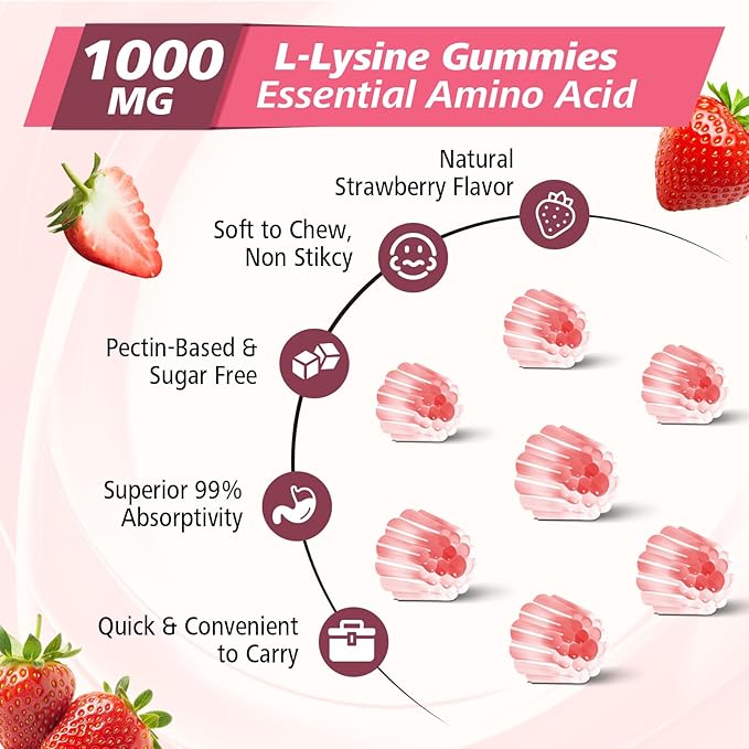 7-in-1 L-Lysine Gummies 1000mg, Lysine Gummies for Adults & Kids, Essential Amino Acid with L-Arginine, L-Glutamine, Vitamin for Lip & Skin, Immune, Calcium Absorption, Strawberry Flavor, 60Ct