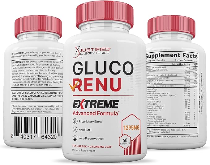(5 Pack) Gluco Renu Extreme 1295MG Glyco Support Pills Advacned Formula Gluo Renew Glycogen Support Formulated with Turmeric Berberine Resveratrol Garlic Bitter Melon Milk Thistle 300 Capsules
