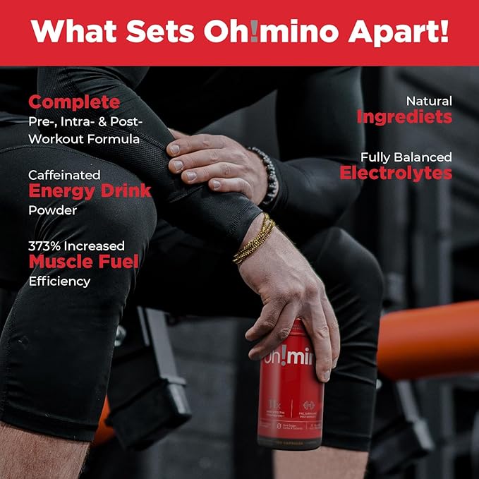 Oh!mino Amino Acids Supplement for Protein Synthesis - EAAs Capsules for Muscle Recovery, Pre & Post Workout - Caffeinated, Non Dairy, Vegan, Zero Sugar & Net Carbs (180-Count, 30 Servings)