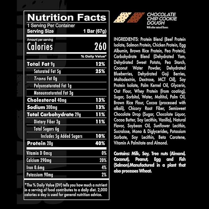 REDCON1 MRE Protein Bar, Chocolate Chip Cookie Dough - Contains MCT Oil + 20g of Whole Food Protein - Easily Digestible, Macro Balanced Low Sugar Meal Replacement Bar (12 Bars)