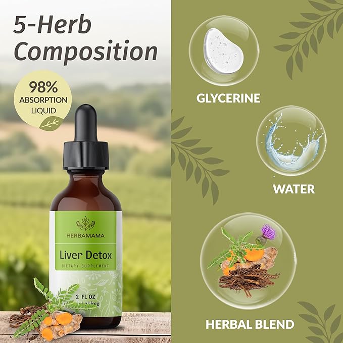HERBAMAMA Liver Support Tincture - Vegan Liver Detox Liquid Drops with Milk Thistle, Dandelion Root & Chanca Piedra - Non-GMO, Alcohol & Sugar-Free Liquid Cleanse Supplement, 42-Day Supply
