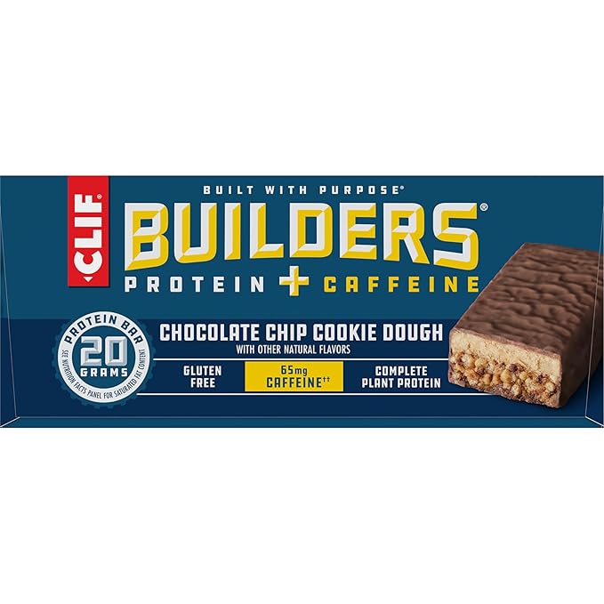 CLIF Builders + Caffeine - Chocolate Chip Cookie Dough Flavor - Plant Based Protein Bars - Gluten Free - Non-GMO - Low Glycemic - 20g Protein - 2.4 oz. (12 Count)