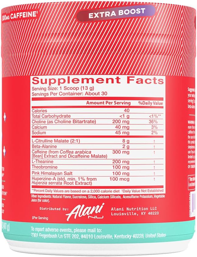 Alani Nu Pre Workout+ Powder Cherry Slush, Extra Boost, Sugar Free, 300mg Caffeine, L-Theanine, Beta-Alanine, Citrulline, 30 Servings
