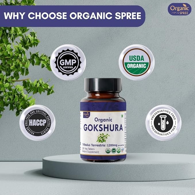 GOKSHURA 120 Tablets | Tribulus Terrestris (Gokshura) | USDA Organic Certified | Supports Immunity and Strength | Organic and Natural 120tab - Pack of 3