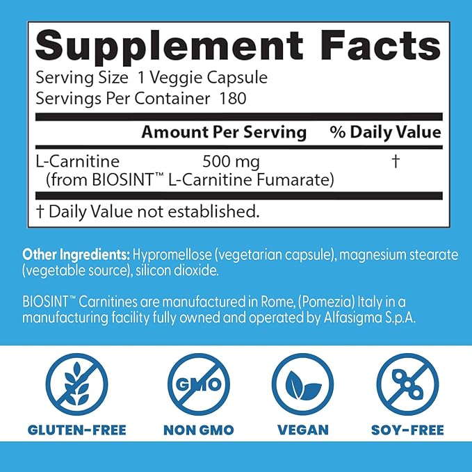 Doctors BEST L-Carnitine Fumarate from Biosint, Helps Burn Body Fat, Non-GMO, Gluten Free, Soy Free, Vegan 180 Veggie Caps