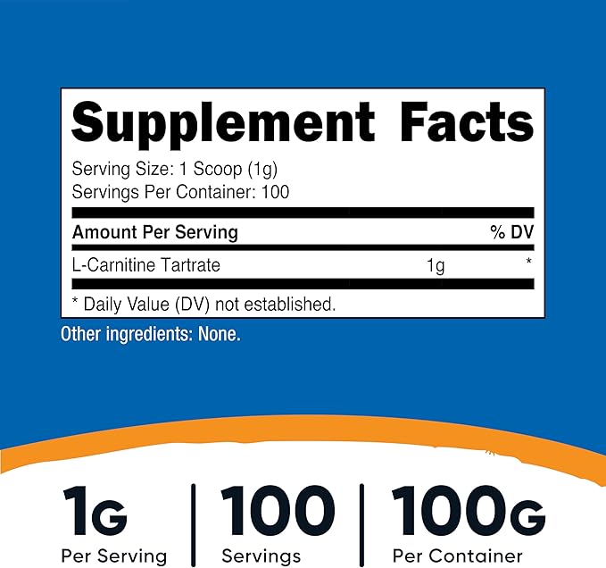 Nutricost L-Carnitine Tartrate Powder (100 Grams) - 1 Gram per Serving; 100 Servings