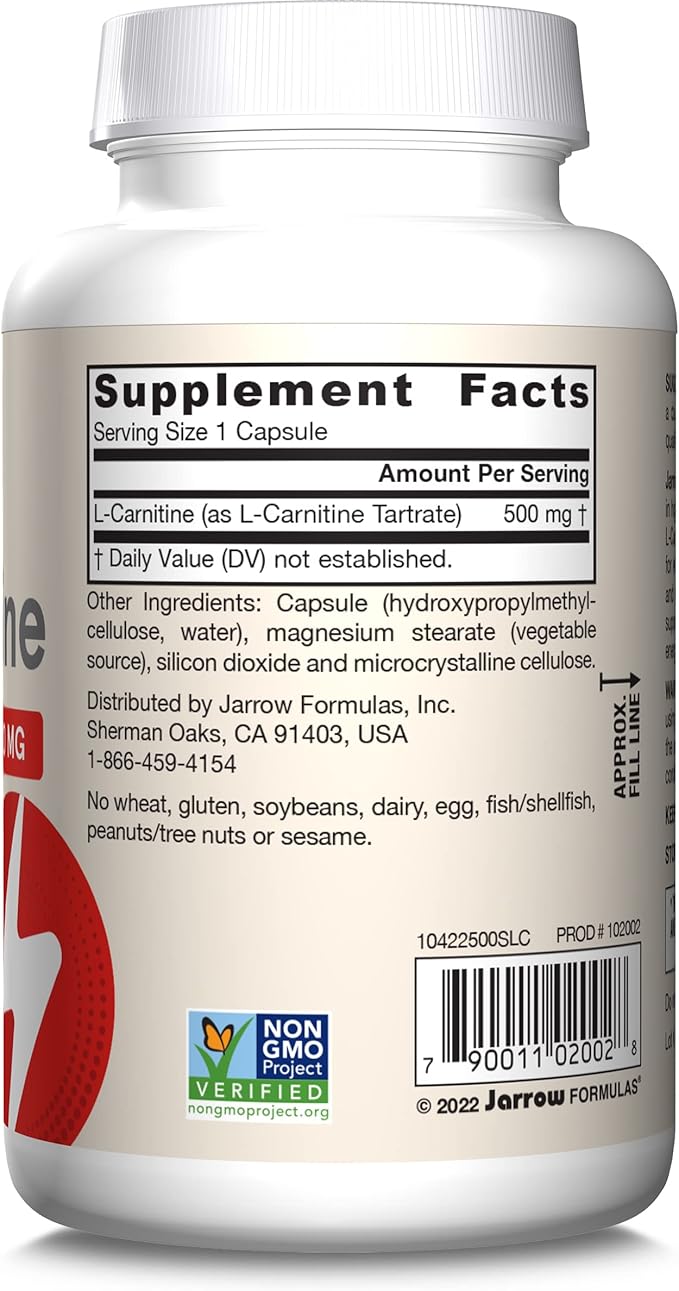 Jarrow Formulas L-Carnitine 500 mg, Dietary Supplement, Support for Cellular Energy Production, 100 Veggie Capsules, 100 Day Supply