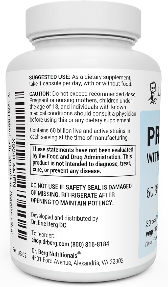 Dr. Berg Probiotic Supplement (60 Billion CFUs) - Helps Ease Occasional Constipation, Diarrhea, Gas & Bloating* - Pre and Probiotics for Digestive Health - 30 Probiotic Capsules