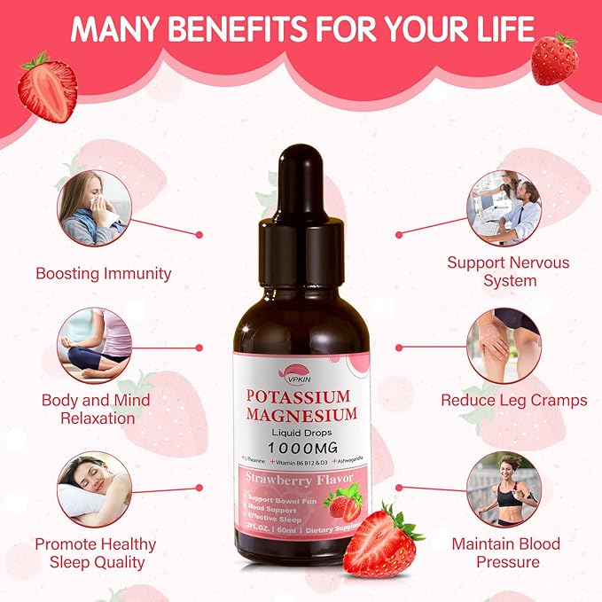 Potassium Magnesium Citrate Supplement,Magnesium Liquid Drops with Magnesium Glycinate 1000mg with Ashwagandha,Zinc,Support Clam & Support Immune System(Strawberry,2 FL.OZ.)