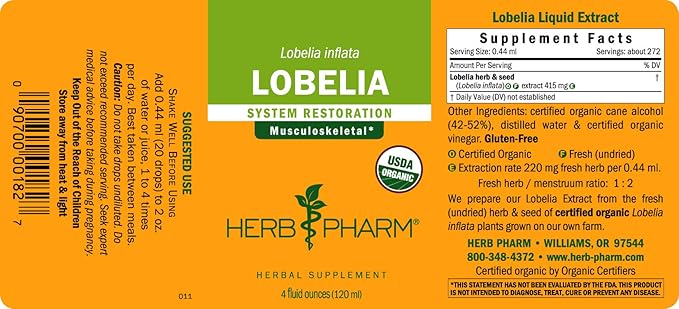 Herb Pharm Certified Organic Lobelia Liquid Extract for Musculoskeletal System Support - 4 Ounce