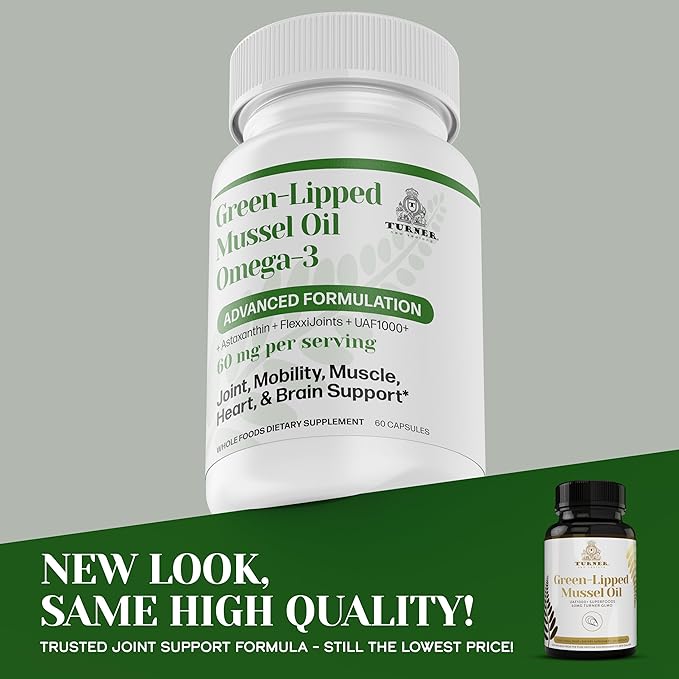 TURNER New Zealand Green Lipped Mussel Oil, Four Essential Omega-3s for Joint Comfort & Mobility Plus UAF1000+ Super Antioxidant, Astaxanthin, 53 X More Effective, 6 Bottles, 360 Softgels