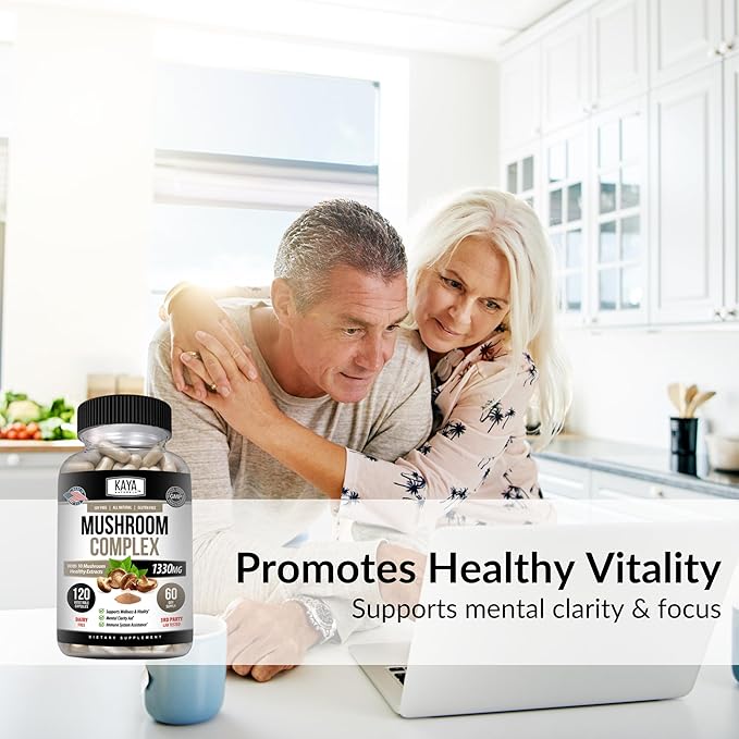 Kaya Naturals Premium Mushroom Complex Potent - Mushroom Supplement - Mushroom Complex Capsules 1995mg Per Serving - Aids Mental Clarity Supports Immune System, Wellness & Vitality - 120 Count