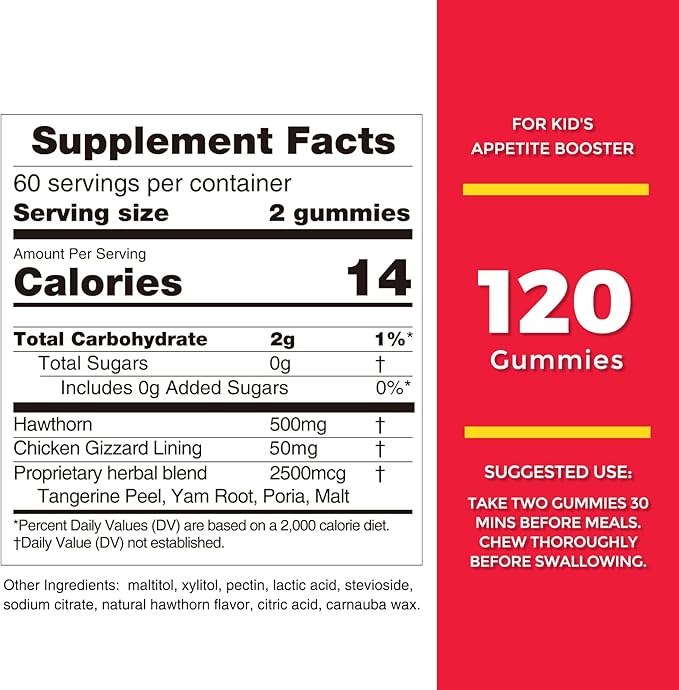 Nature's Key Appetite Booster Gummies - for Kids to Eat More, Support Appetite Stimulant and Weight Gainer -Hawthorn Flavor (120 Count, Pack of 1)