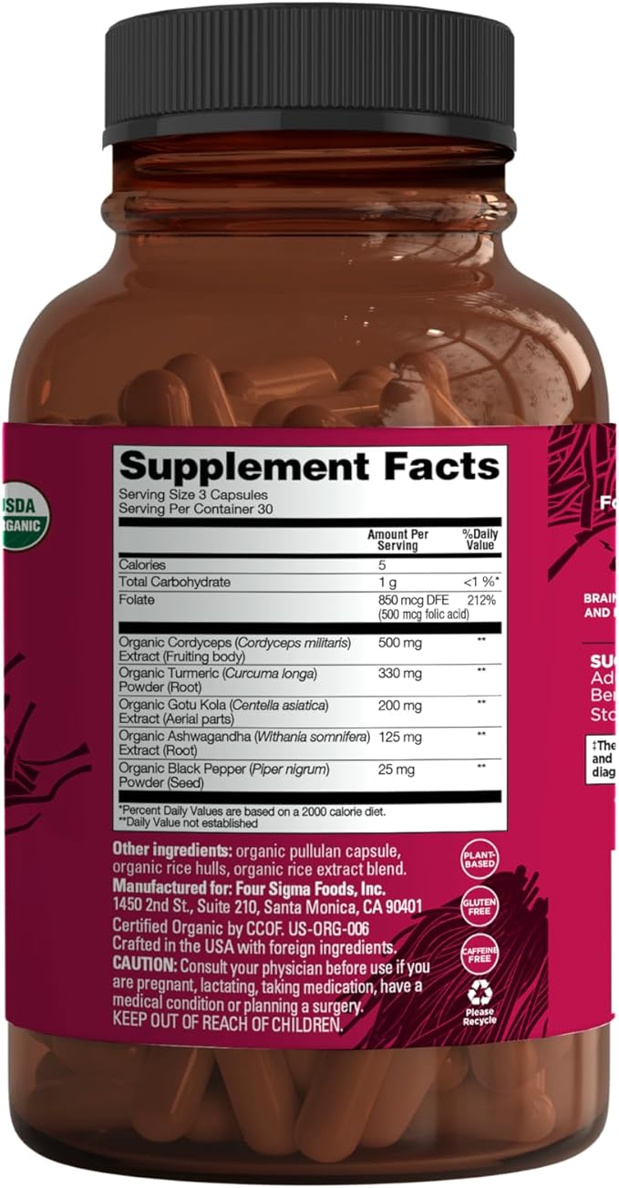 Four Sigmatic Memory Capsules | Reduce Brain Fog & Improve Memory | Nootropic Supplement for Brain Support with Cordyceps Mushroom, Gotu Kola, Turmeric, Ashwagandha & Folate | 30 Servings