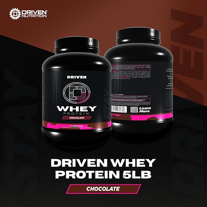 Driven WHEY- Grass Fed Whey Protein Powder: Delicious, Clean Protein Shake- Improve Muscle Recovery with 23 Grams of Protein with Added BCAA and Digestive Enzymes (5lb, Chocolate Milkshake)