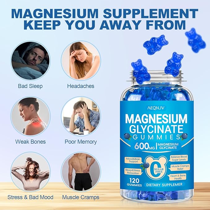 Magnesium Glycinate Gummies 600mg, Chewable Sugar Free Potassium Gummies with Magnesium Glycinate, Vitamin D, B6, and CoQ10 for Calm Support & Sleep for Adults, 60 Days Supply