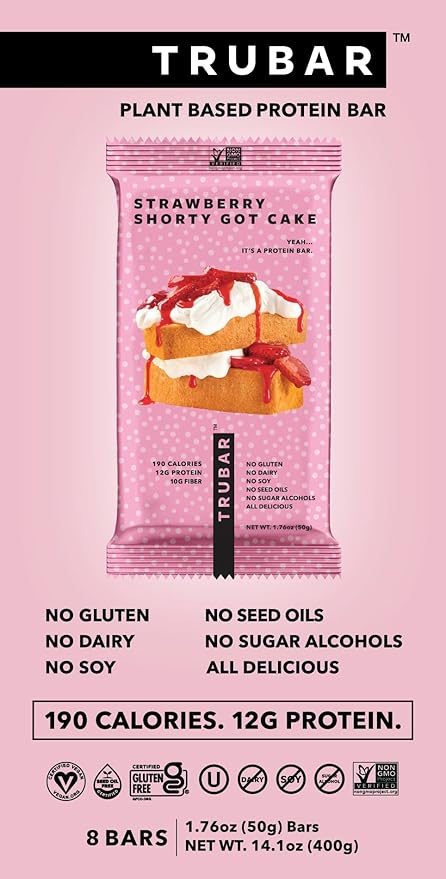 TRUBAR Vegan Protein Bar, Strawberry Shorty Got Cake, Gluten Free, Plant Based Protein, Dairy Free, Non GMO, Soy Free, No Sugar Alcohols, 12G Protein, 12G Fiber, 23G Carb, On the Go Snack Bars, 8 CT