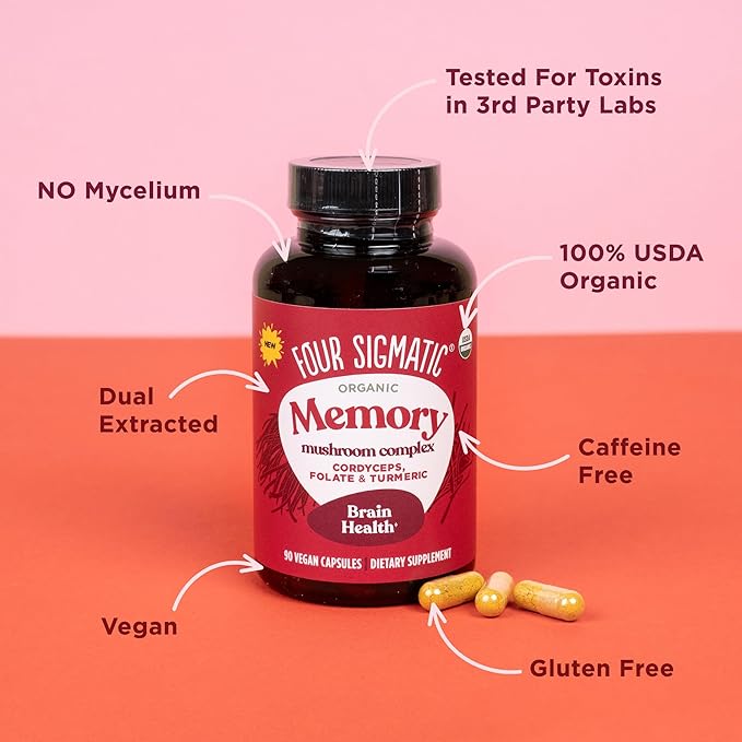 Four Sigmatic Memory Capsules | Reduce Brain Fog & Improve Memory | Nootropic Supplement for Brain Support with Cordyceps Mushroom, Gotu Kola, Turmeric, Ashwagandha & Folate | 30 Servings