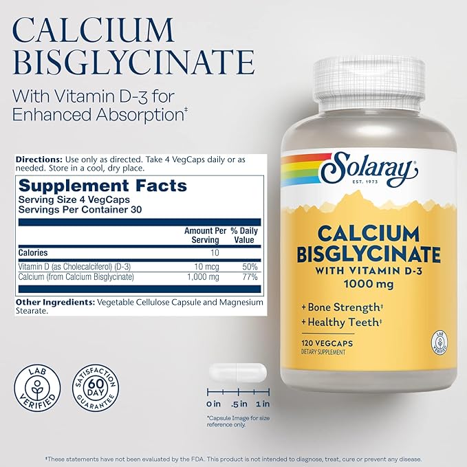 Solaray Calcium Bisglycinate 1000mg with Vitamin D-3, Chelated Calcium Supplement for Bone Strength and Healthy Teeth Support, Enhanced Absorption and Easy to Digest, 30 Servings, 120 VegCaps