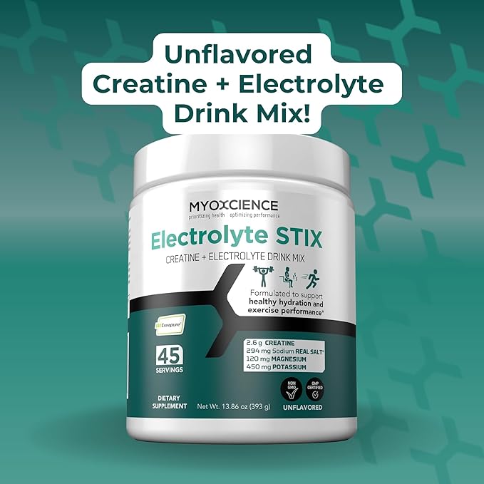 MYOXCIENCE Electrolyte STIX | Creatine Electrolyte Powder | Recovery from Exercise & Muscle Development w/Real Salt (Unflavored) (Jar 45 ct)