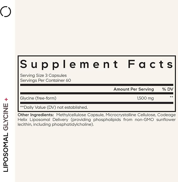 Codeage Liposomal Glycine+ Supplement - Free-Form Glycine 1,500 mg with Liposomal Delivery - 2-Month Supply - Amino Acid Capsules - Protein Support - Glycine Vitamins - 180 Capsules