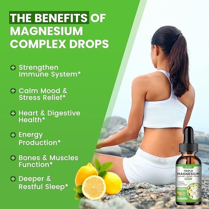 Liquid Magnesium Glycinate Supplement 1000mg, Calm Magnesium Citrate, Taurate Drops with Omega 3, Zinc, Ashwagandha, L-Theanine, Chamomile for Sleep, Mood, Stress Relief, Bone, Muscle, Lemon Flavor