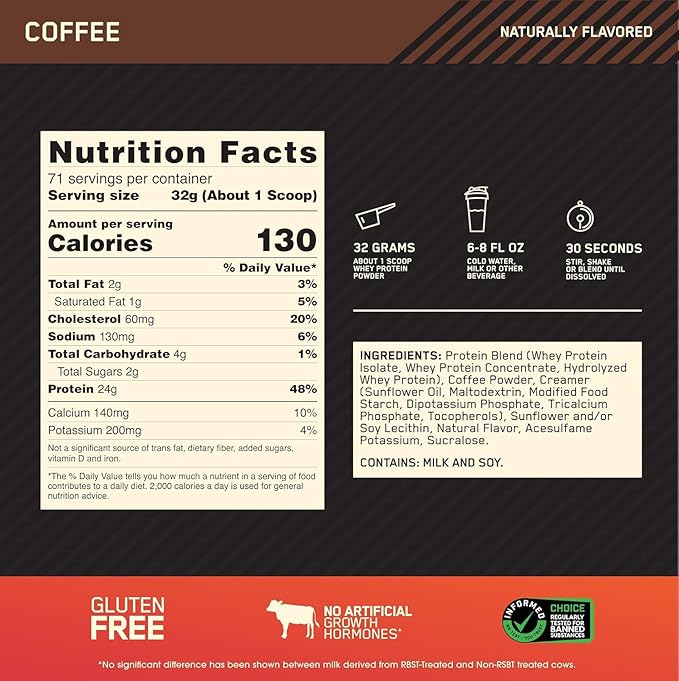 Optimum Nutrition Gold Standard 100% Whey Protein Powder, Coffee, 5 Pound (Packaging May Vary)