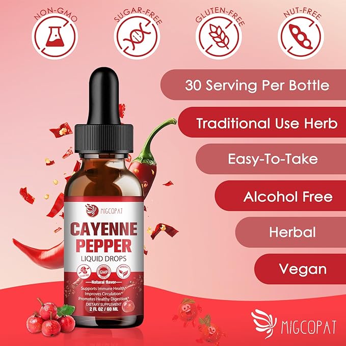 Cayenne Pepper Drops Supplement Liquid with Vitamin D3 K2, Hawthorn Berry, Organic Beet Root, Ceylon Cinnamon, Coenzyme Q10, Berberine, Ginseng Extract Supports Immune Health, 2 FL.OZ