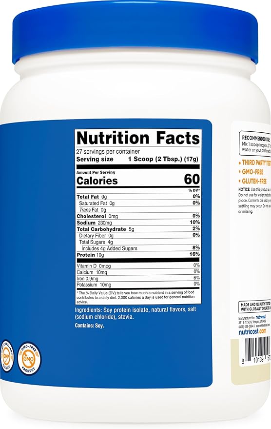 Nutricost Soy Protein Isolate Powder, 1 LB Vanilla - 10 Grams of Protein Per Serving, Vegan, GMO-Free & Gluten Free