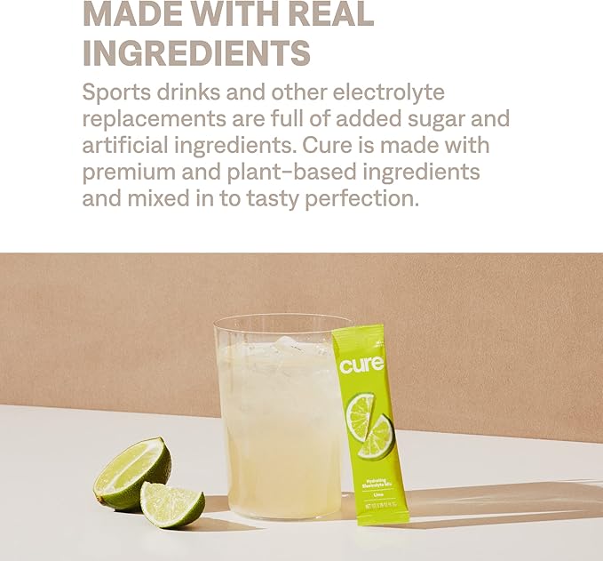 Cure Hydration | Plant-Based Electrolyte Drink Mix | No Added Sugar | FSA & HSA | Dehydration Relief Powder Made with Coconut Water | Non-GMO | Vegan | Pouch of 14 Packets - Lime