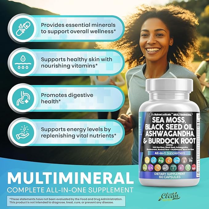 Clean Nutraceuticals Sea Moss Black Seed Oil Ashwagandha Turmeric Bladderwrack Burdock & Vitamin C Vitamin D3 with Elderberry Manuka Dandelion Yellow Dock Iodine Chlorophyll ACV - 2Pack