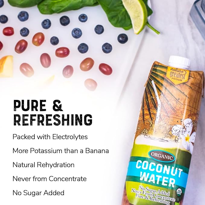 Nature's Greatest Foods, Organic Coconut Water, USDA Organic Certified, No Sugar Added, Never from Concentrate, Pure & Refreshing, 33.8 fl oz (Pack of 6)