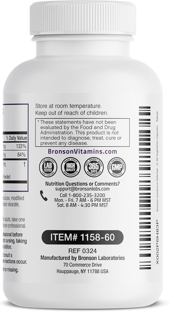 Bronson Sambucus Elderberry with Zinc & Vitamin C Triple Immune Support Complex Immune & Antioxidant Protection, Non-GMO, 60 Vegetarian Capsules