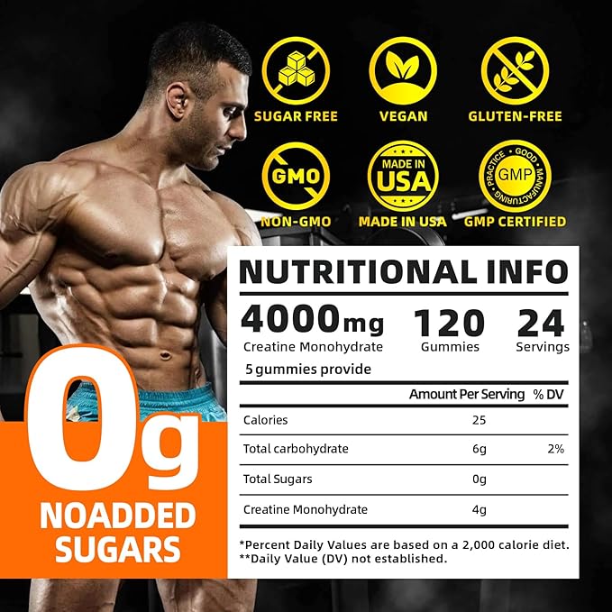 Creatine Monohydrate Gummies for Men & Women, 4g of Creatine Monohydrate per Serving for Maximum Power Strength, Performance, Sugar Free, Vegan, Pre-Workout Supplement(120 Count)-Orange